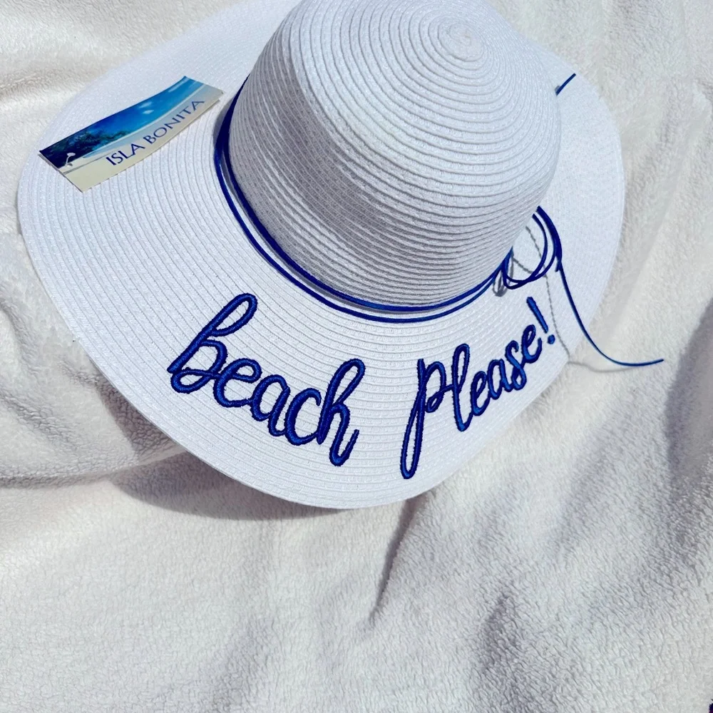 Isle Bonita BEACH PLEASE floppy hat. White beach sun hat with blue stitching NWT - Picture 4 of 7